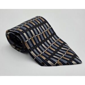 Milano Uomo Silk Tie Geometric Pattern Navy Blue Gold Gray Men's Necktie